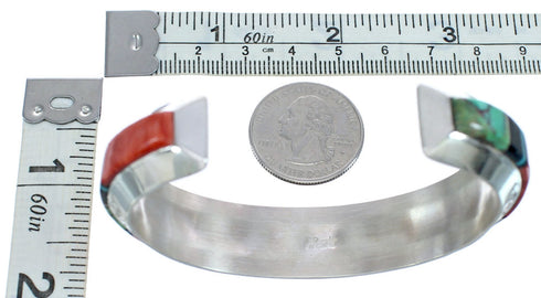 Native American Sterling Silver Turquoise Oyster Shell and Onyx Inlay Cuff Bracelet JX121789