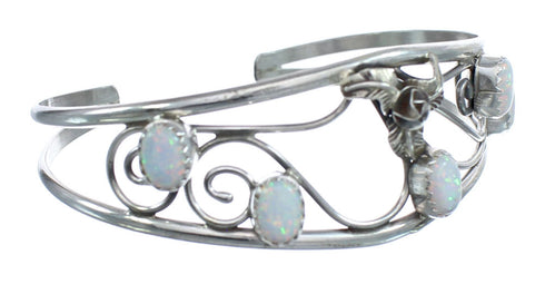 Navajo Authentic Sterling Silver Opal Flower And Leaf Cuff Bracelet JX121781