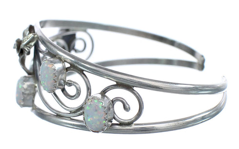 Navajo Authentic Sterling Silver Opal Flower And Leaf Cuff Bracelet JX121781