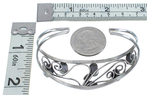 Navajo Authentic Sterling Silver Opal Flower And Leaf Cuff Bracelet JX121781