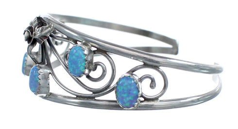 Navajo Authentic Sterling Silver Blue Opal Flower And Leaf Cuff Bracelet JX121741