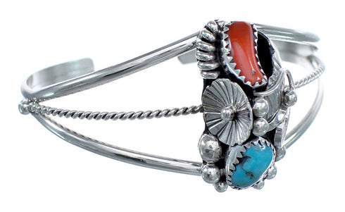 Silver Sterling Turquoise And Coral Native American Cuff Bracelet JX121745