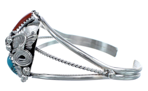Silver Sterling Turquoise And Coral Native American Cuff Bracelet JX121745