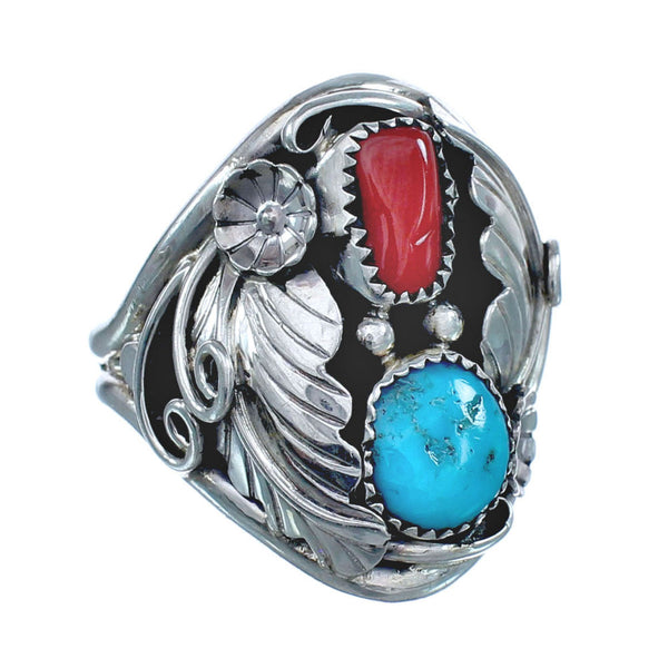 Authentic Sterling Silver Navajo Turquoise Coral Leaf Design Ring Size 10-3/4 AX122080