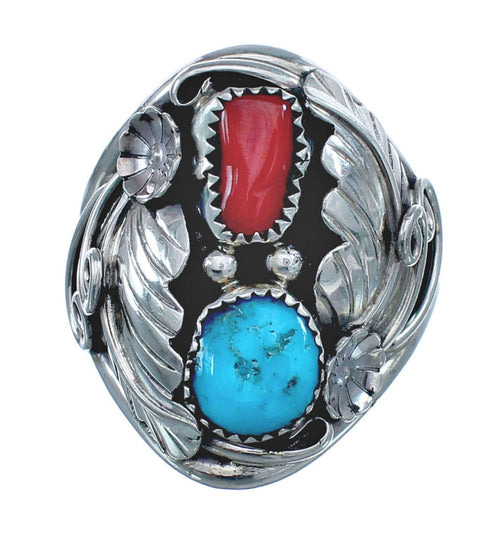 Authentic Sterling Silver Navajo Turquoise Coral Leaf Design Ring Size 11-1/4 AX122078