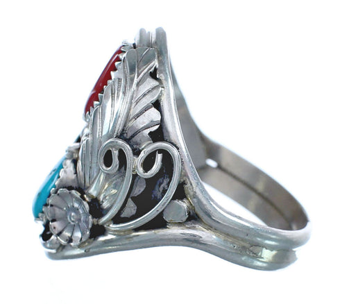 Authentic Sterling Silver Navajo Turquoise Coral Leaf Design Ring Size 11-1/4 AX122078