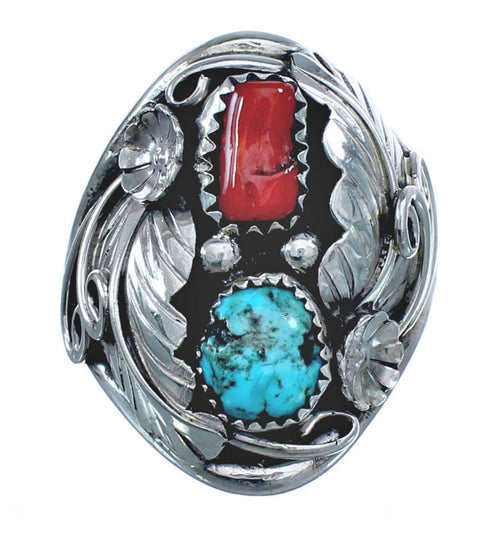 Authentic Sterling Silver Navajo Turquoise Coral Leaf Design Ring Size 10-1/2 AX122083