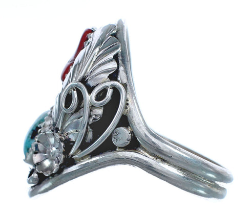 Authentic Sterling Silver Navajo Turquoise Coral Leaf Design Ring Size 11 AX122081