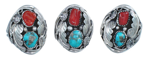 Authentic Sterling Silver Navajo Turquoise Coral Leaf Design Ring Size 10-1/2 AX122083