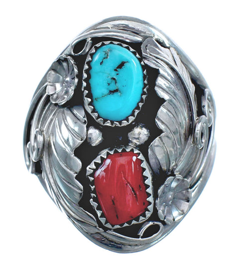 Authentic Sterling Silver Navajo Turquoise Coral Leaf Design Ring Size 11-1/2 AX122084