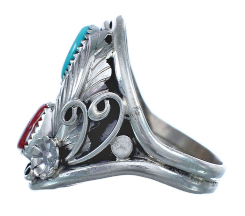 Authentic Sterling Silver Navajo Turquoise Coral Leaf Design Ring Size 10-3/4 AX122085