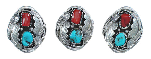 Authentic Sterling Silver Navajo Turquoise Coral Leaf Design Ring Size 10-3/4 AX122085
