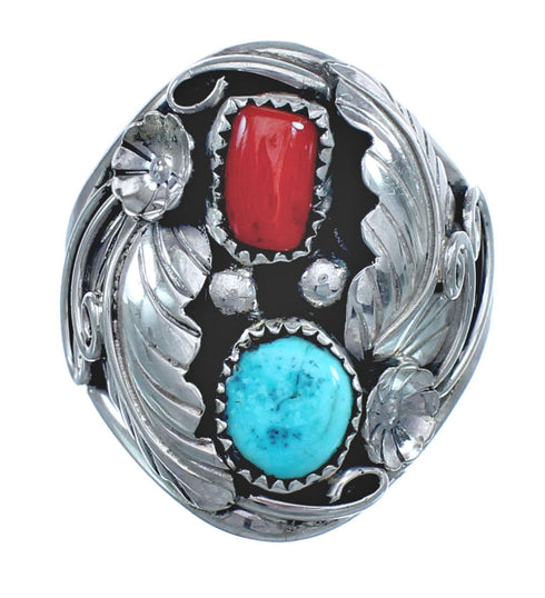 Authentic Sterling Silver Navajo Turquoise Coral Leaf Design Ring Size 11-1/4 AX122095