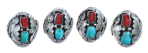 Authentic Sterling Silver Navajo Turquoise Coral Leaf Design Ring Size 11-1/4 AX122095