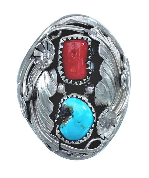 Authentic Sterling Silver Navajo Turquoise Coral Leaf Design Ring Size 11-1/2 AX122097