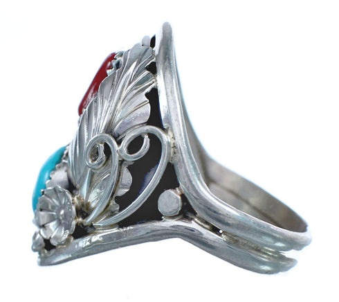Authentic Sterling Silver Navajo Turquoise Coral Leaf Design Ring Size 11-1/4 AX122099
