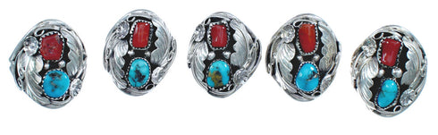 Authentic Sterling Silver Navajo Turquoise Coral Leaf Design Ring Size 11 AX122101