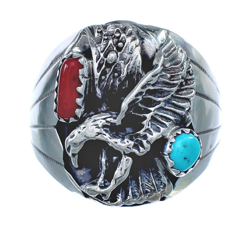 American Indian Turquoise And Coral Silver Eagle Ring Size 11-1/2 AX121938