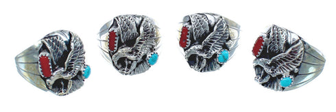 American Indian Turquoise And Coral Silver Eagle Ring Size 11-1/2 AX121938