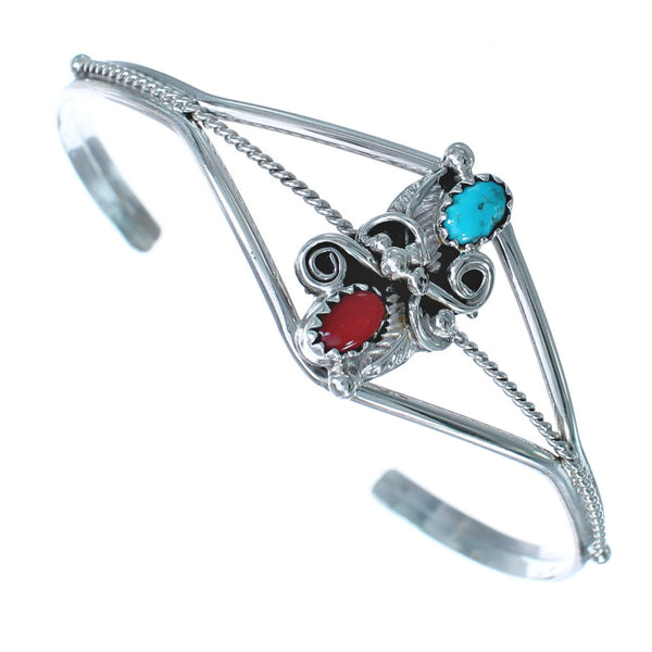 Native American Navajo Turquoise And Coral Sterling Feather Cuff Bracelet AX122710