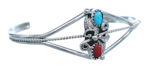 Native American Navajo Turquoise And Coral Sterling Feather Cuff Bracelet AX122710