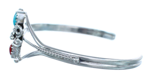 Native American Navajo Turquoise And Coral Sterling Feather Cuff Bracelet AX122710