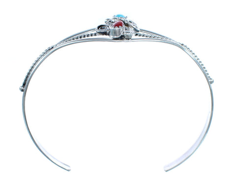 Native American Navajo Turquoise And Coral Sterling Feather Cuff Bracelet AX122710