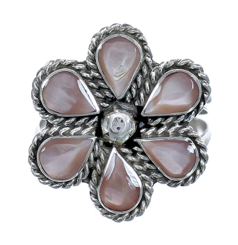 Native American Mother of Pearl Flower Authentic Sterling Silver Ring Size 8-1/4 JX127085