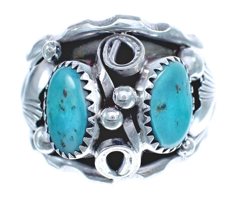 Native American Leaf Sterling Silver And Turquoise Ring Size 9-3/4 JX122619