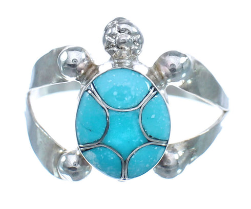 Navajo Sterling Silver Turquoise Inlay Turtle Ring Size 8-1/2 JX122687