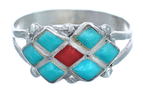 Native American Zuni Turquoise Coral Sterling Silver Ring Size 9-1/2 JX122573