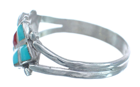 Native American Zuni Turquoise Coral Sterling Silver Ring Size 10 JX122577