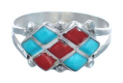 Native American Zuni Turquoise Coral Sterling Silver Ring Size 7-1/2 JX122582