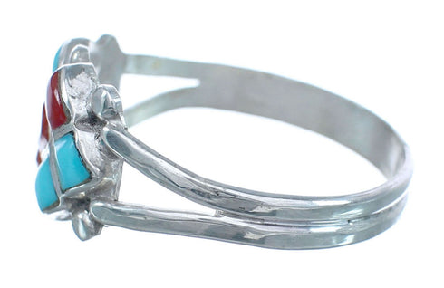 Native American Zuni Turquoise Coral Sterling Silver Ring Size 7-1/2 JX122582