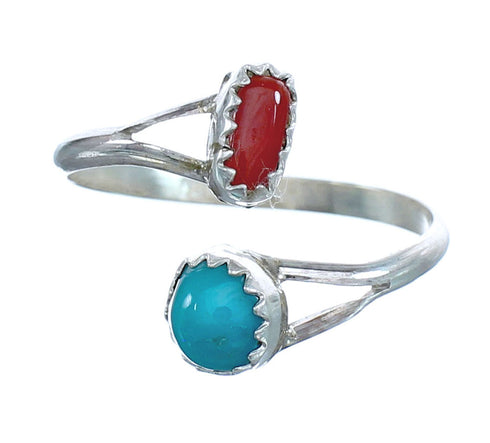 Navajo Turquoise Coral Genuine Sterling Silver Adjustable Ring Size 9, 10, 11 JX130524