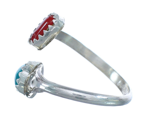 Navajo Turquoise Coral Genuine Sterling Silver Adjustable Ring Size 9, 10, 11 JX130524