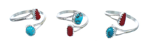 Navajo Turquoise Coral Genuine Sterling Silver Adjustable Ring Size 9, 10, 11 JX130524