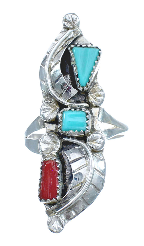Authentic Sterling Silver Navajo Turquoise Coral Leaf Design Ring Size 8-1/2 AX122434
