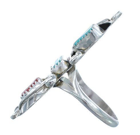 Authentic Sterling Silver Navajo Turquoise Coral Leaf Design Ring Size 8-1/2 AX122434
