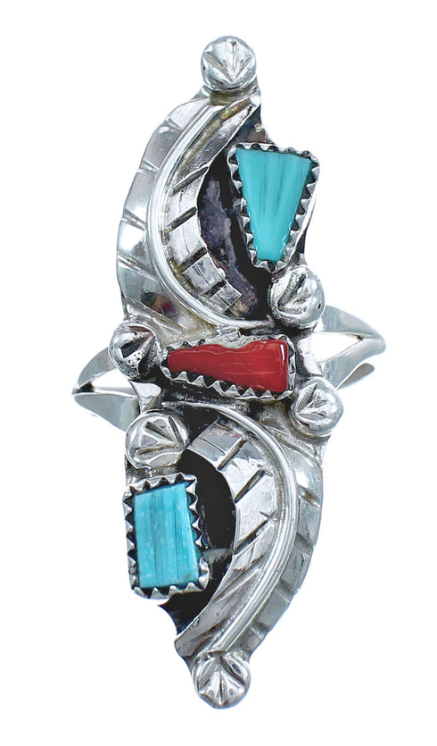 Authentic Sterling Silver Navajo Turquoise Coral Leaf Design Ring Size 7-1/4 AX122439