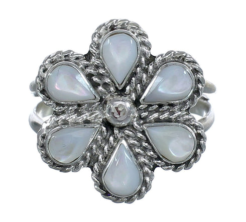 Native American Mother of Pearl Silver Flower Ring Size 8-1/4 AX122443