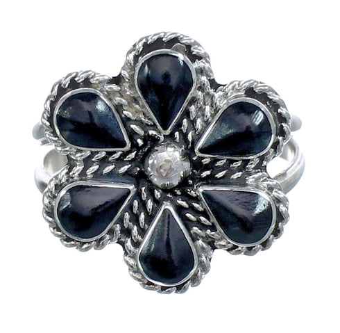 Native American Onyx Silver Flower Ring Size 7-1/4 AX122455