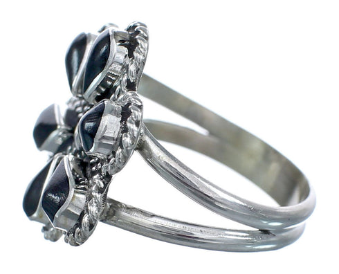 Native American Onyx Silver Flower Ring Size 7-1/4 AX122455
