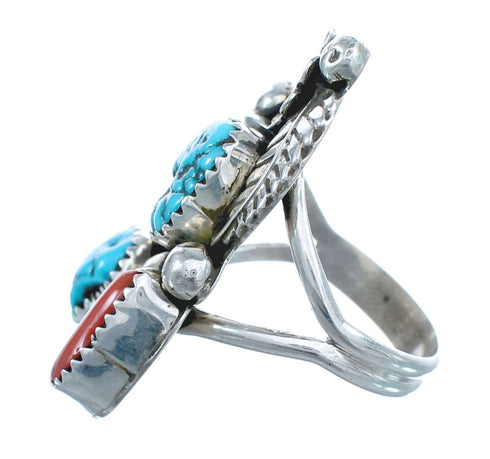 Native American Turquoise Coral Sterling Silver Ring Size 8-3/4 JX122129