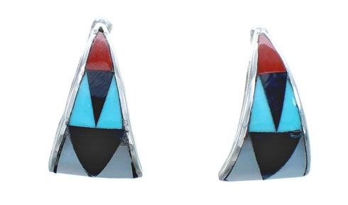 Authentic Sterling Silver Multicolor Inlay Zuni Post Hoop Earrings JX122285