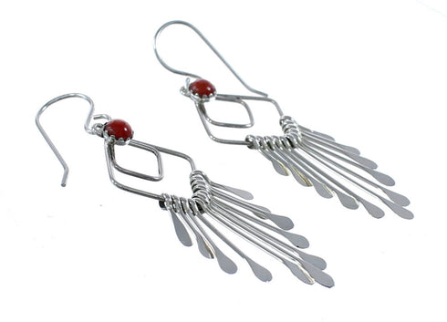 Navajo Coral And Sterling Silver Hook Dangle Earrings JX122284