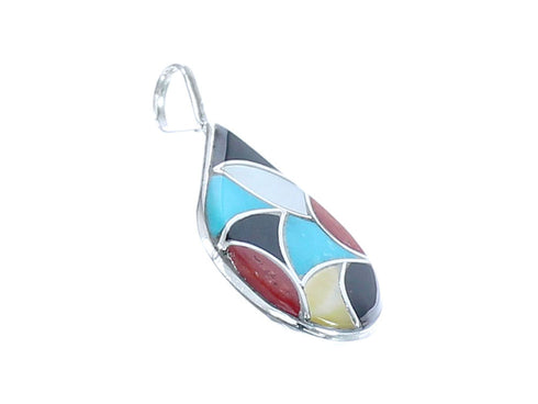 Native American Zuni Multicolor Multistone Tear Drop Sterling Silver Pendant JX122782