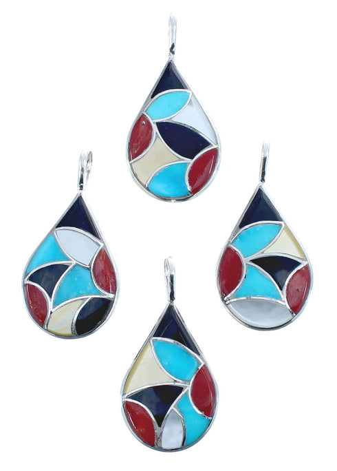 Native American Zuni Multicolor Multistone Tear Drop Sterling Silver Pendant JX122782