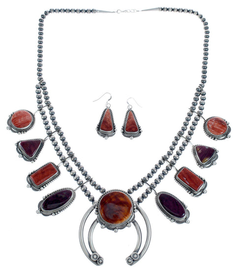 Navajo Oyster Shell Sterling Silver Earring and Squash Blossom Necklace Set JX122959