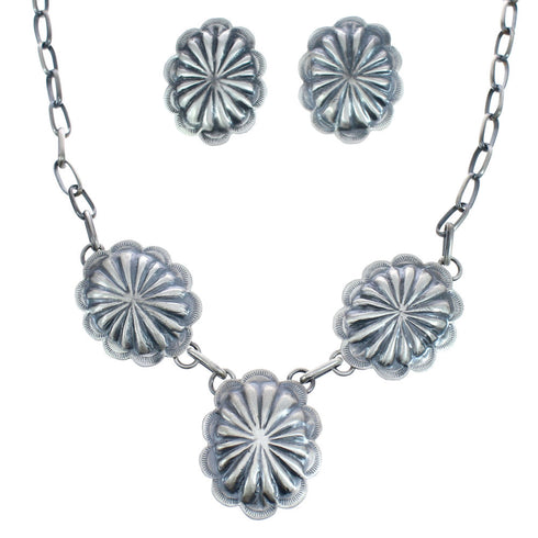 Native American Navajo Concho Sterling Silver Post Earrings and Necklace Set JX122958